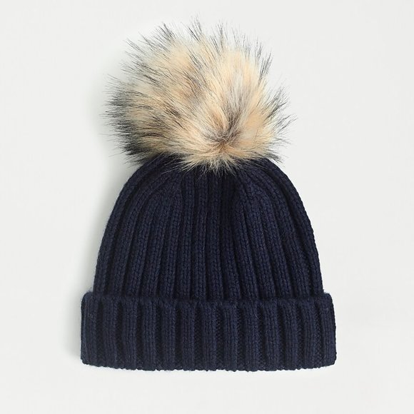 J. Crew Ribbed Beanie with Faux-Fur‎ Pom-Pom